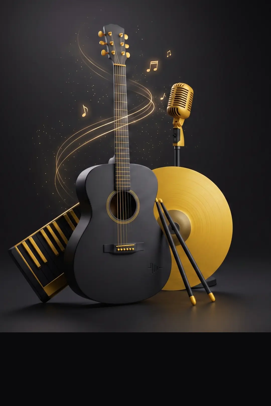 Guitare, piano, cymbale dorée, micro et baguettes dans la pénombre, éclairés d’or
